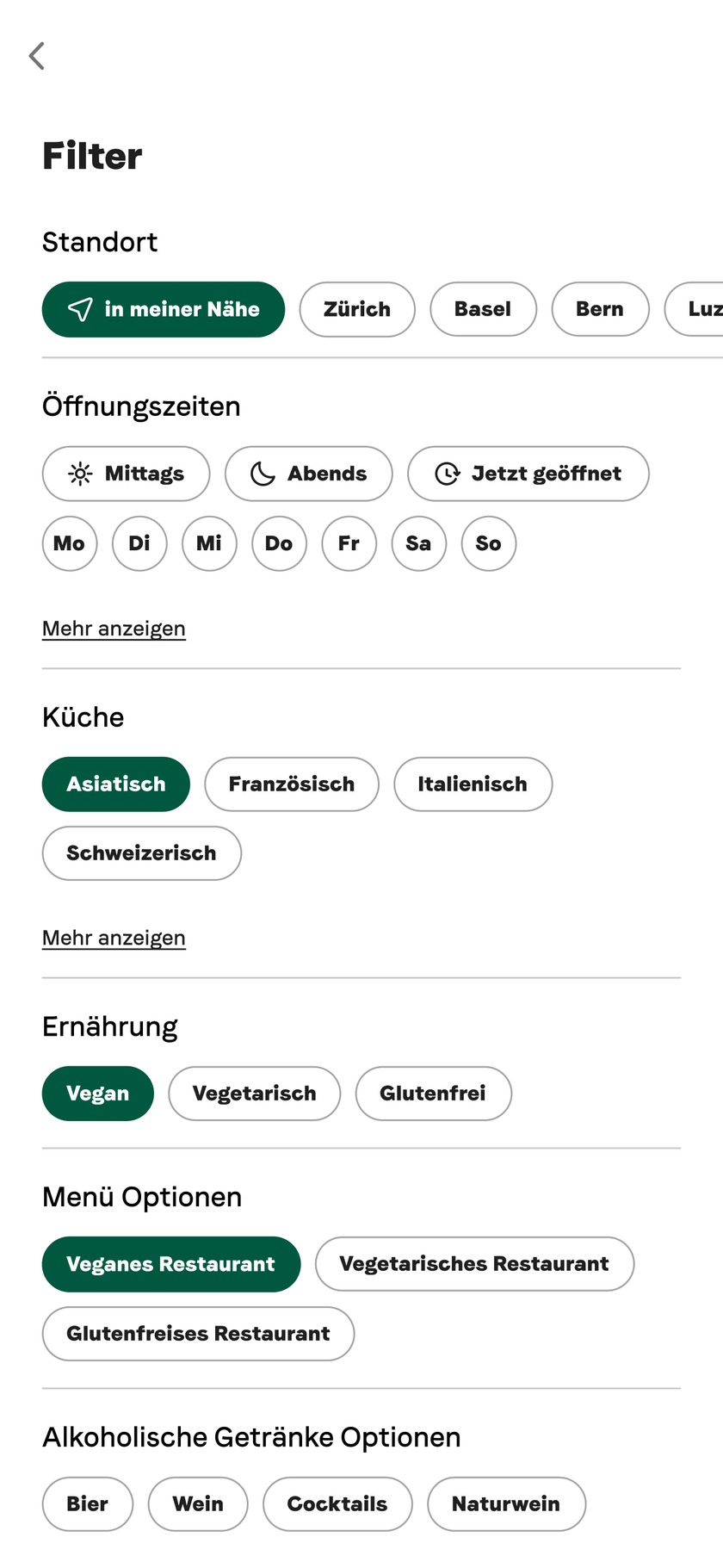 Vegane und glutenfreie Restaurants in Basel, Bern, Zürich und Luzern filtern