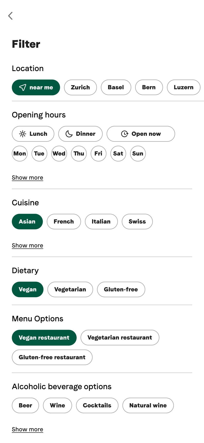 Filter vegan and gluten-free restaurants in Basel, Bern, Zurich and Lucerne